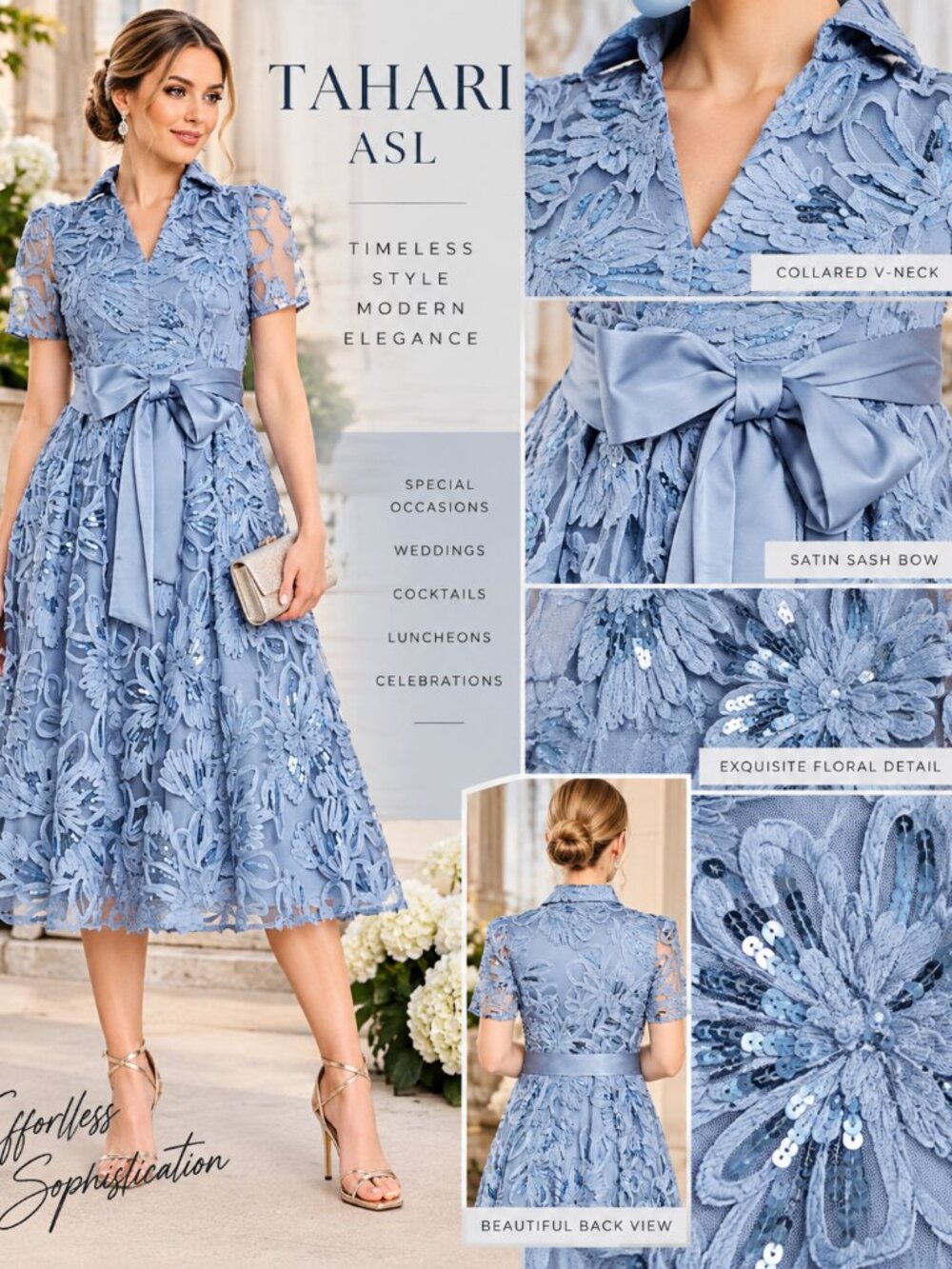 Tahari ASL Sky Blue Sequin Floral Collared Midi Dress 10 NWT